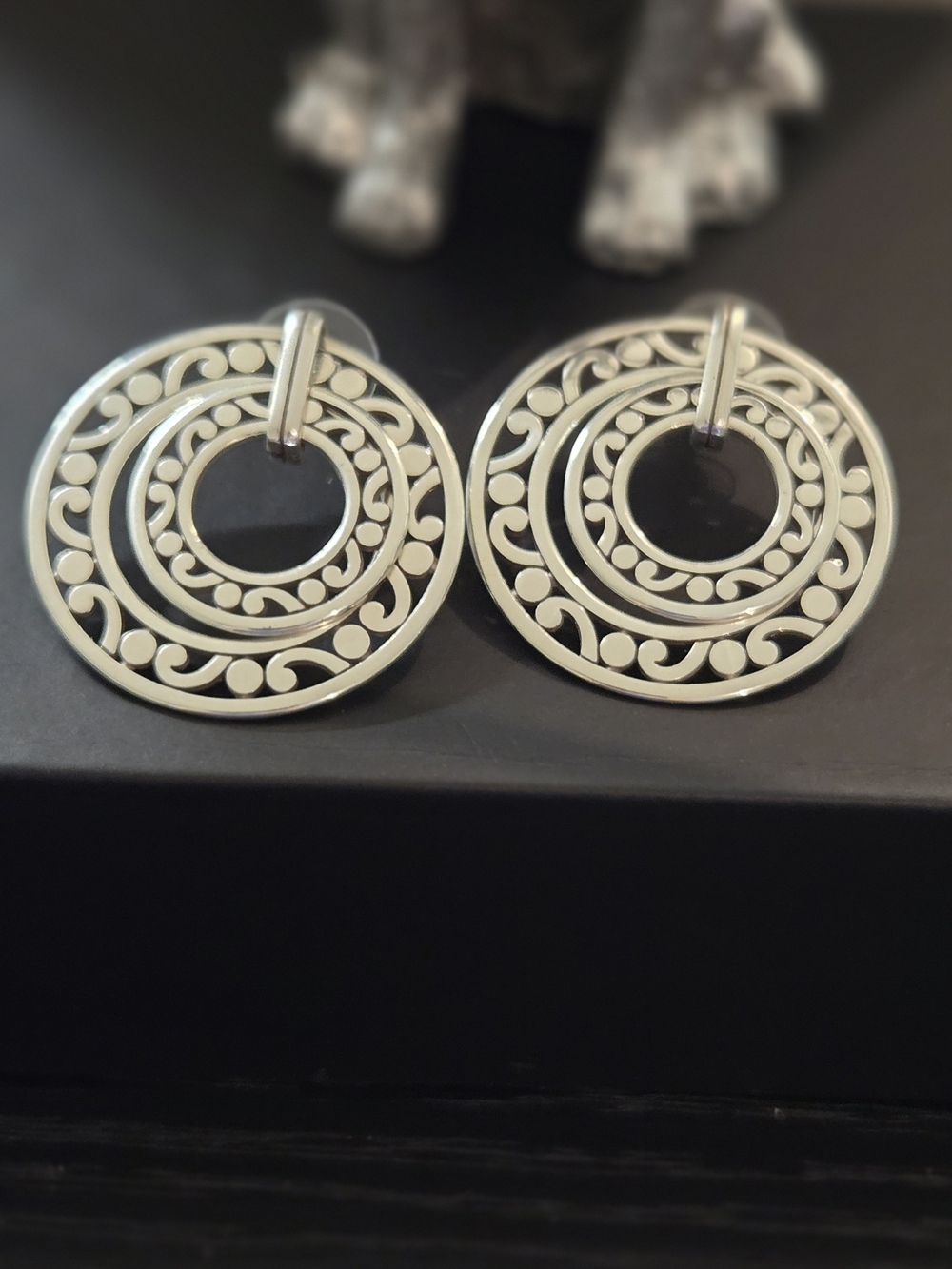Silver Tone Filigree Double Circle Drop Earrings